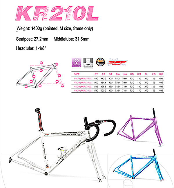 슈퍼라이트 알루미늄 자전거 프레임 레이디 에어로 로드 자전거 프레임 + 포크 세트 KR210L 여성 1.4kg 4